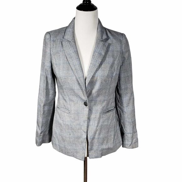 White House Black Market Jackets & Blazers - White House Black Market whbm Petite size 4P Gray Blue Plaid Blazer AS IS